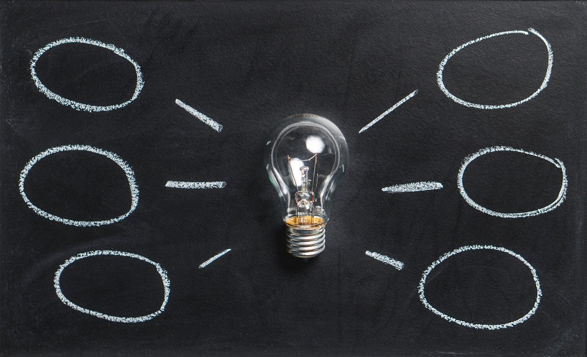 Lightbulb against a chalkboard with thought bubbles - representing multiple ideas